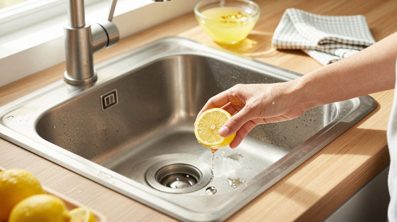 Hand squeezing fresh lemon juice into a stainless steel kitchen sink under a window.