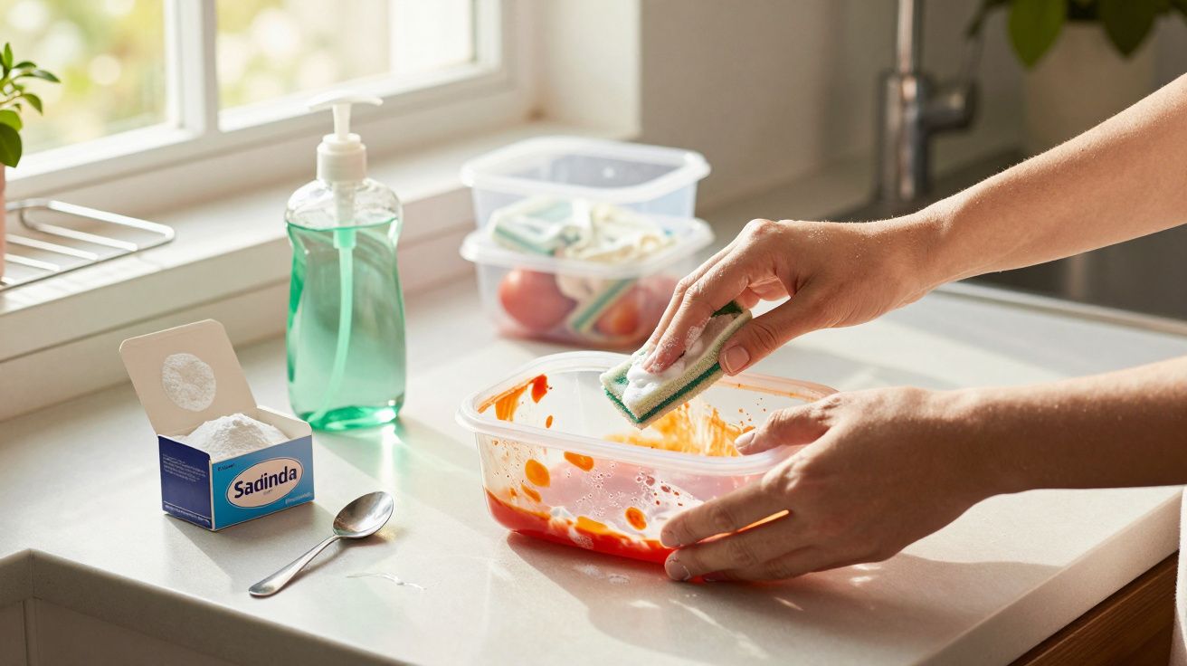 Hands washing a plastic container with dish soap and a sponge on a kitchen countertop near a window.