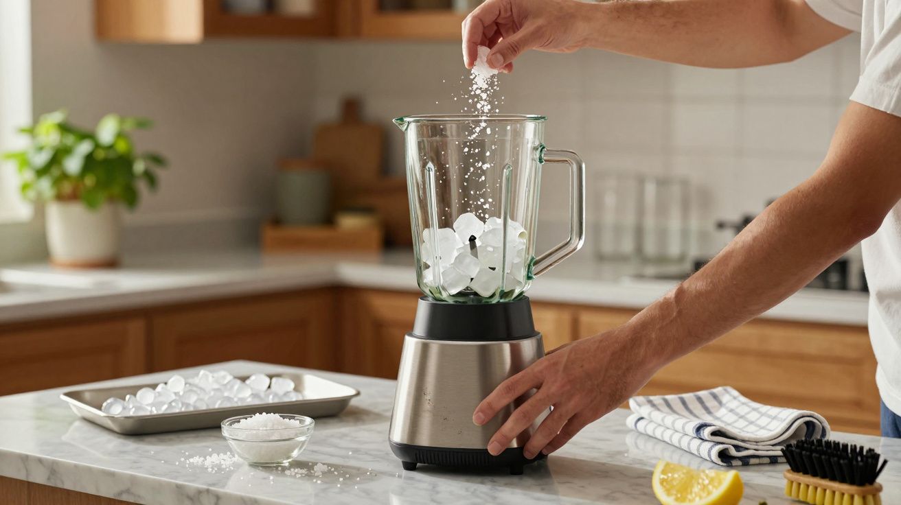 Person adding salt crystals into a blender with ice cubes on a kitchen counter.