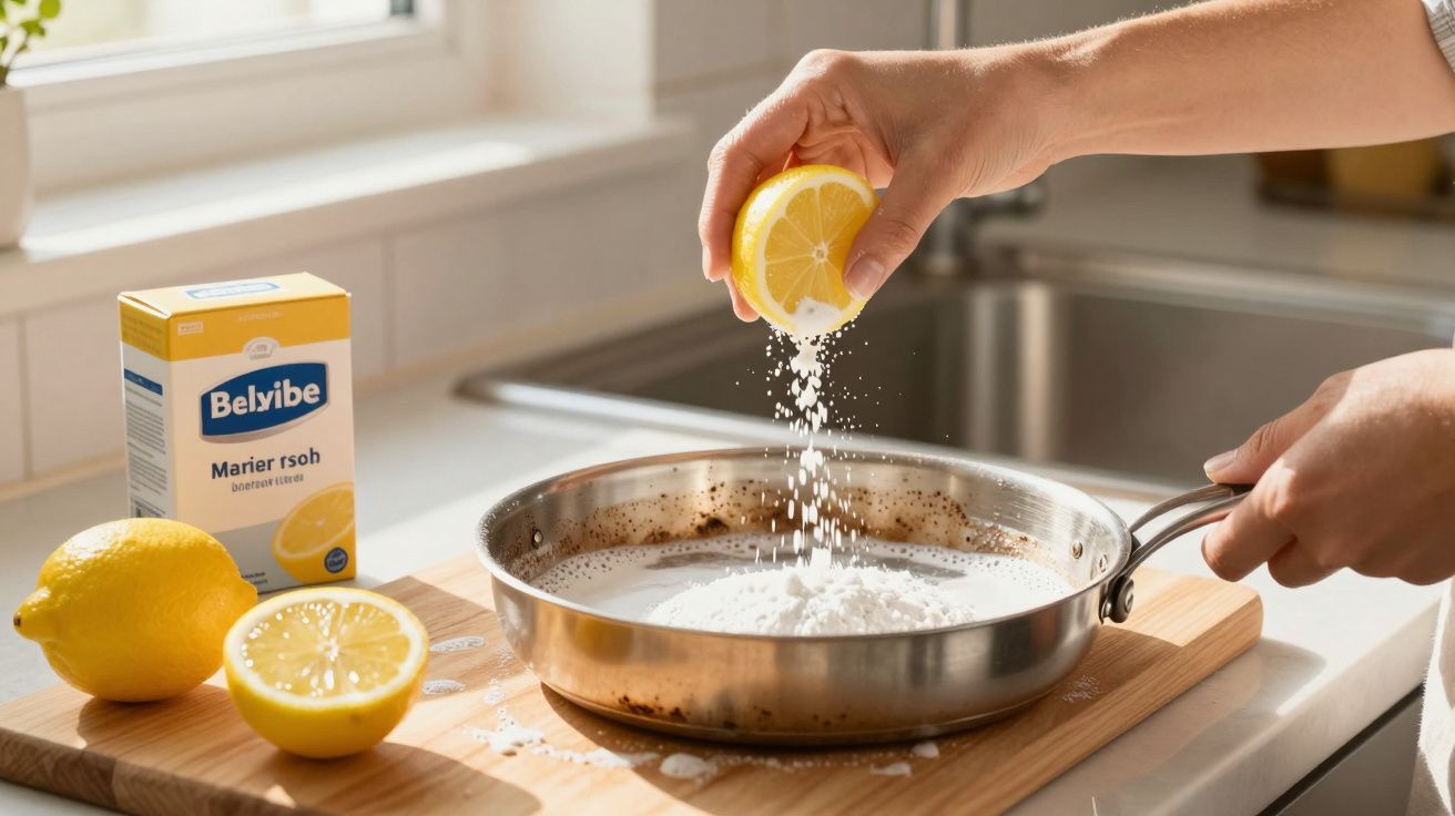 Hands squeezing lemon juice into a frying pan with baking powder, lemons, and baking soda box on kitchen counter.