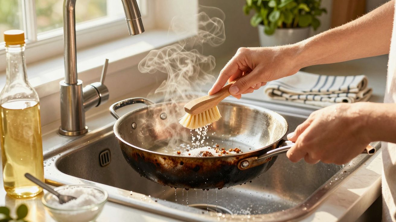Person scrubbing a steaming, dirty frying pan with a brush over a kitchen sink in daylight.