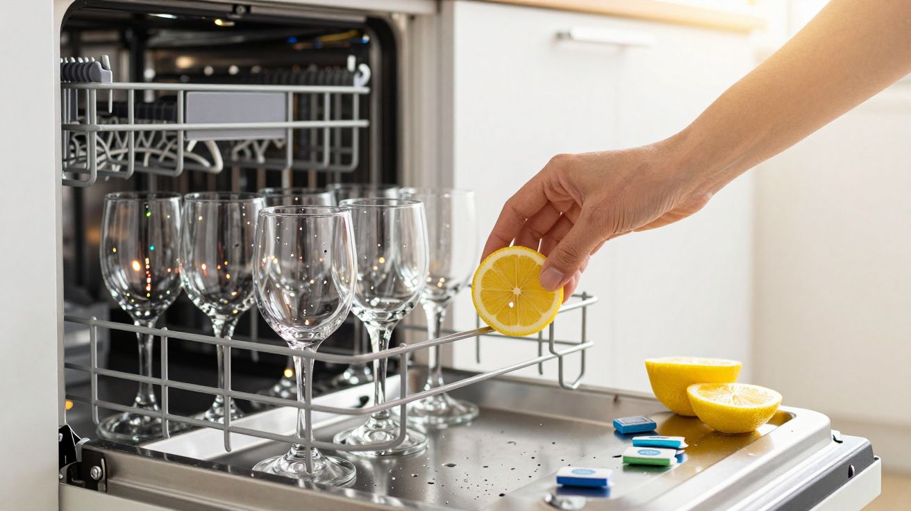 Hand placing a lemon half inside a dishwasher rack with wine glasses and dishwasher tablets nearby.