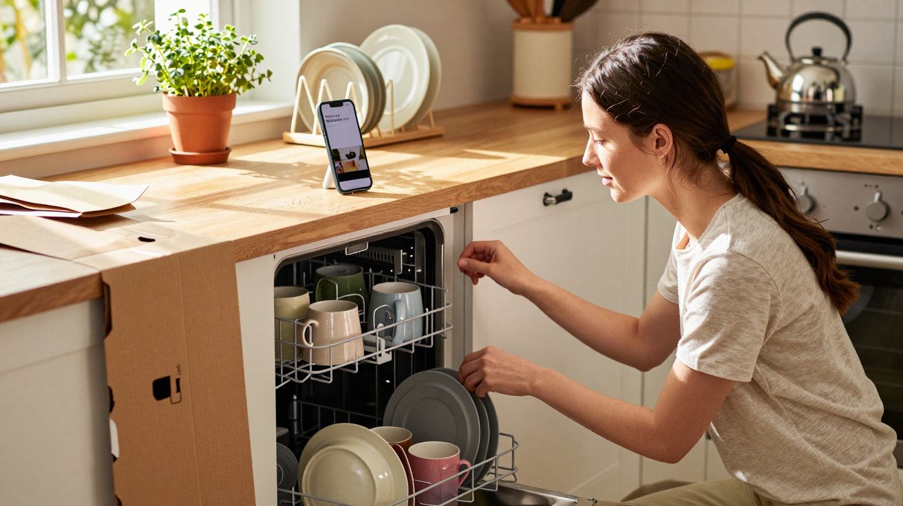 Woman unloading clean dishes from a dishwasher in a bright kitchen with a phone on the counter.