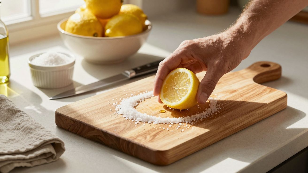 A hand rubbing half a lemon on coarse salt on a wooden chopping board with lemons and kitchen items nearby.