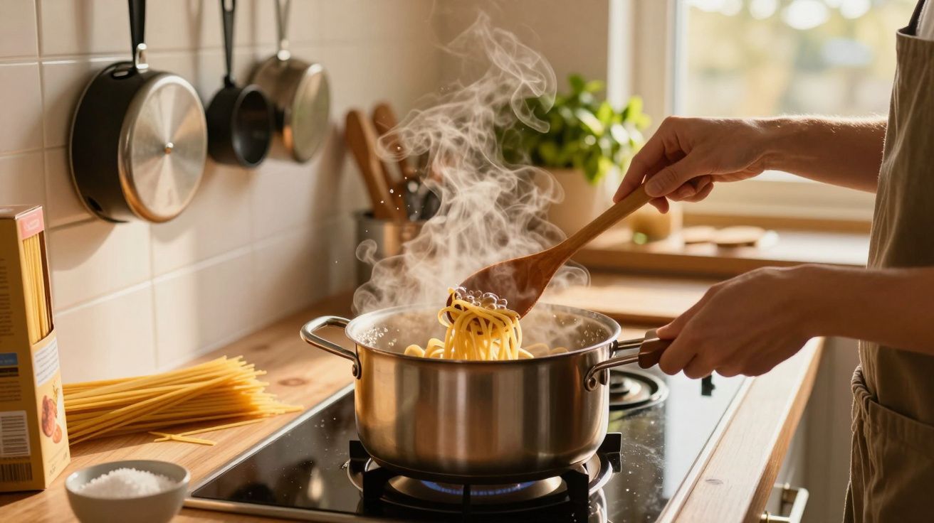 Hands stirring steaming spaghetti in a pot on a stove in a bright kitchen with utensils and ingredients nearby.