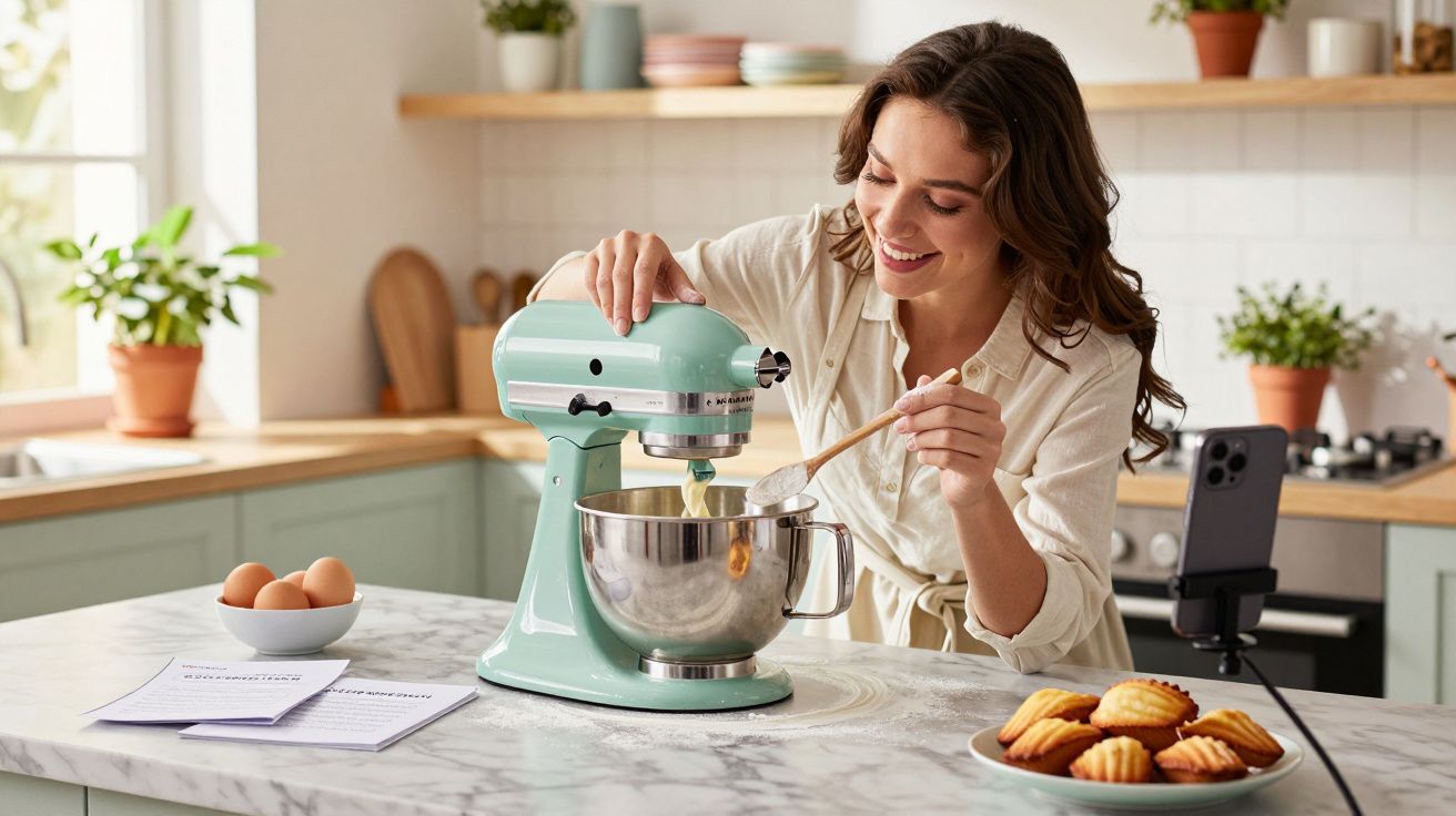 Woman smiling as she adds ingredients to a mint green stand mixer in a bright kitchen.