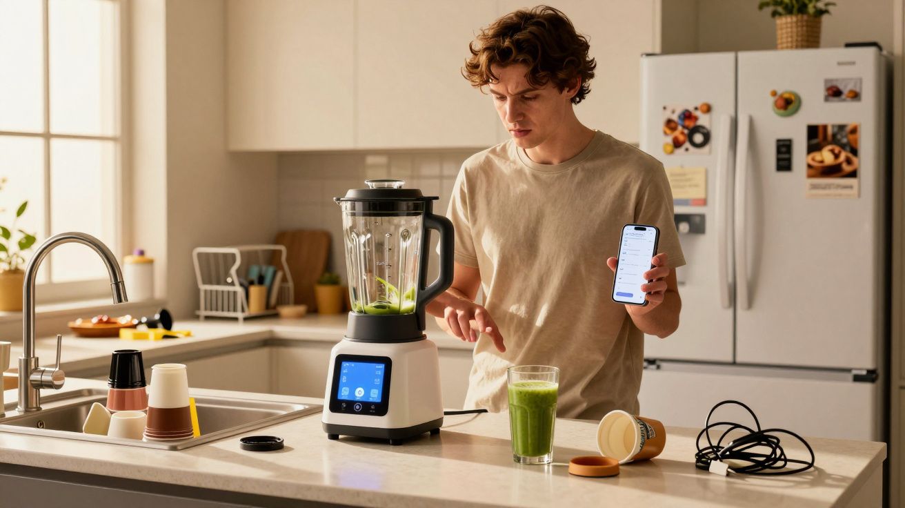 Young man in beige t-shirt using smartphone and blender to make a green smoothie in a bright kitchen.