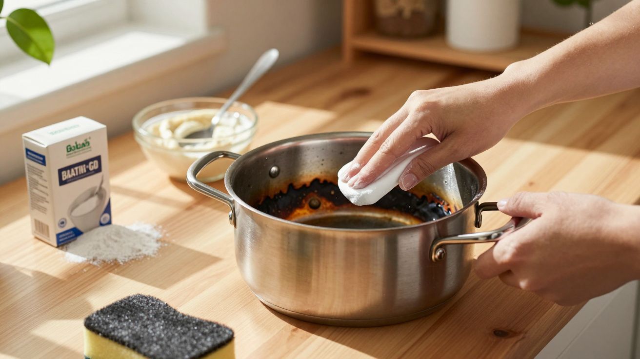 Person cleaning burnt residue inside a stainless steel pot with a white scouring block on a wooden countertop.