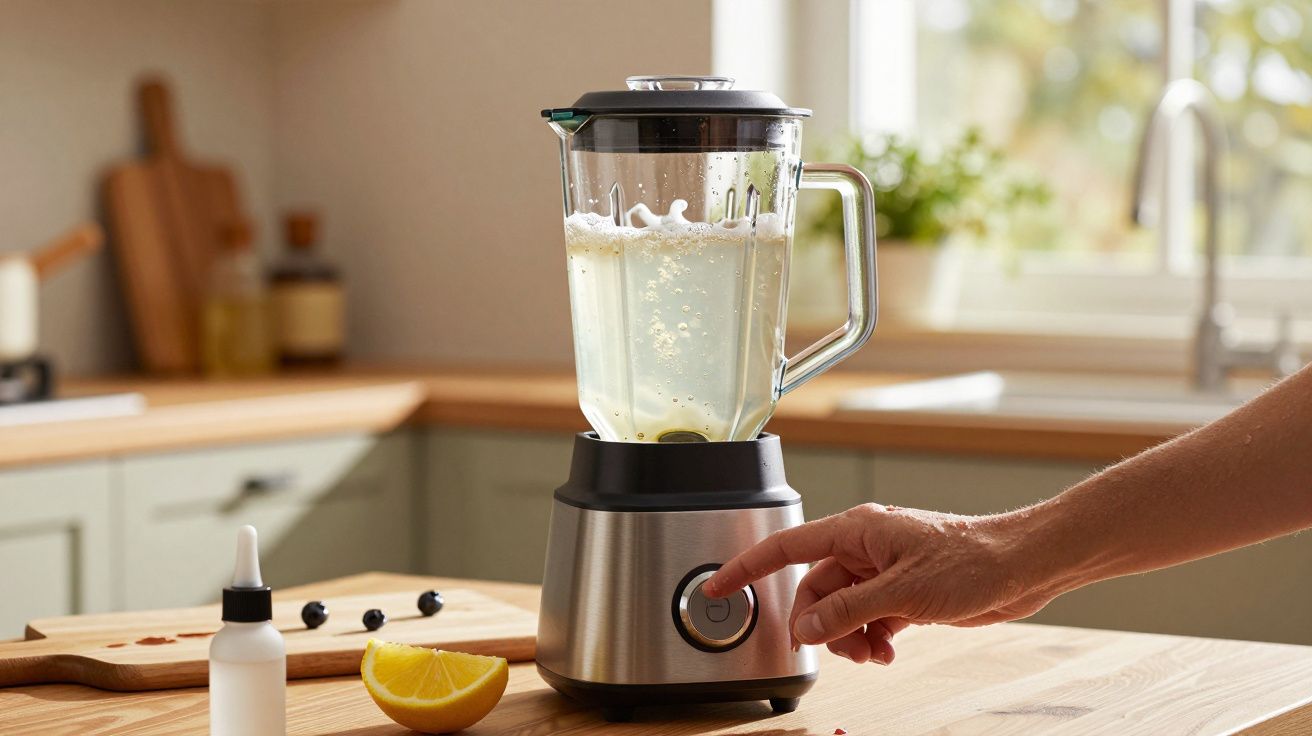 Hand pressing power button on blender mixing a light yellow liquid in a modern kitchen.