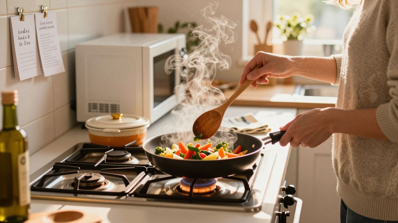 Person stirring steaming mixed vegetables in a frying pan on a gas stove in a cosy kitchen.
