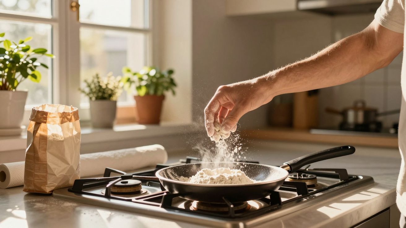 Hand sprinkling flour into a frying pan on a gas stove in a sunlit kitchen with plants on the windowsill.