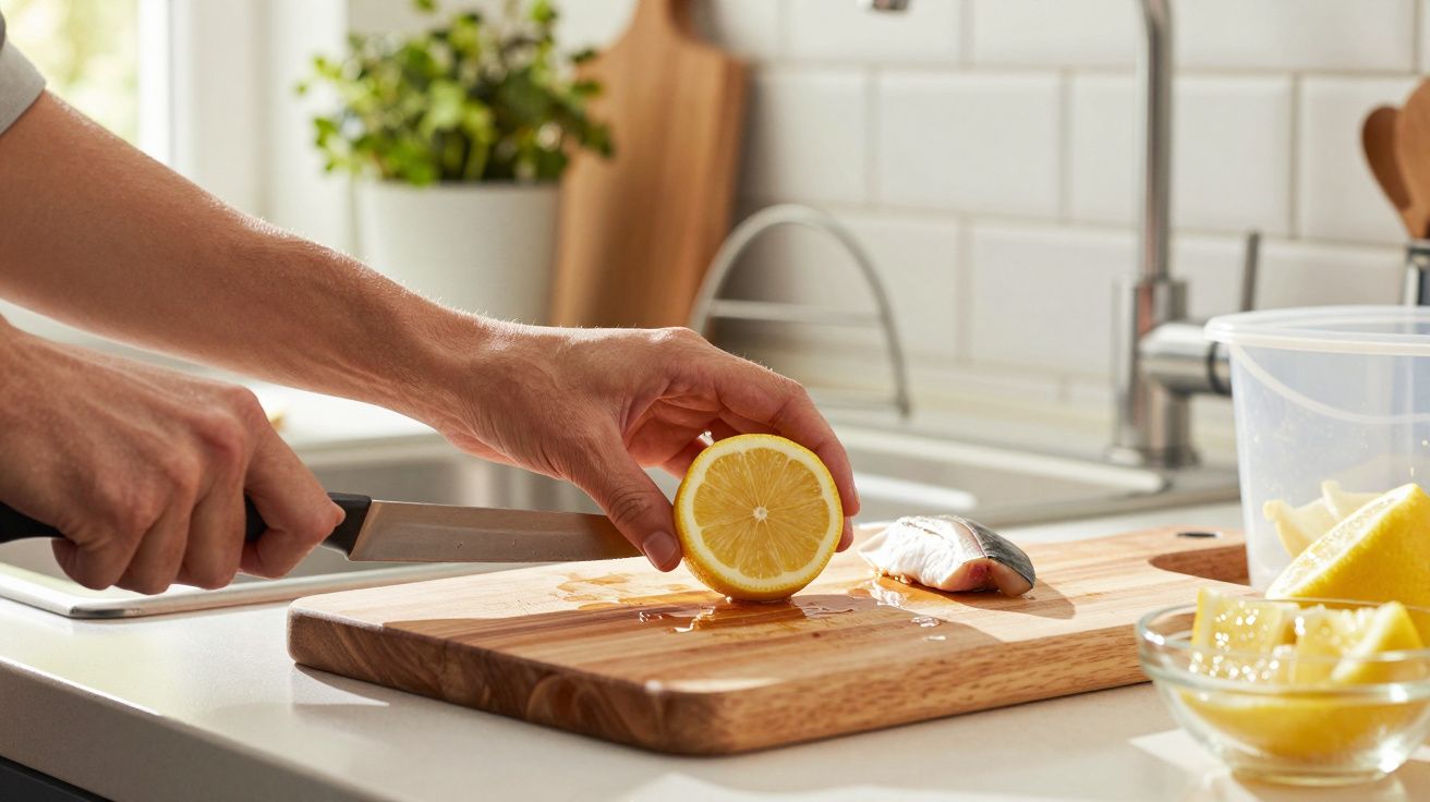 Hand slicing a lemon on a wooden chopping board next to a fish fillet in a bright kitchen.