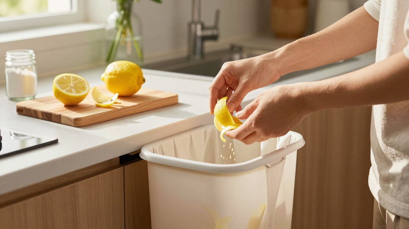 Person squeezing lemon peel over a kitchen bin next to a chopping board with lemons on a countertop