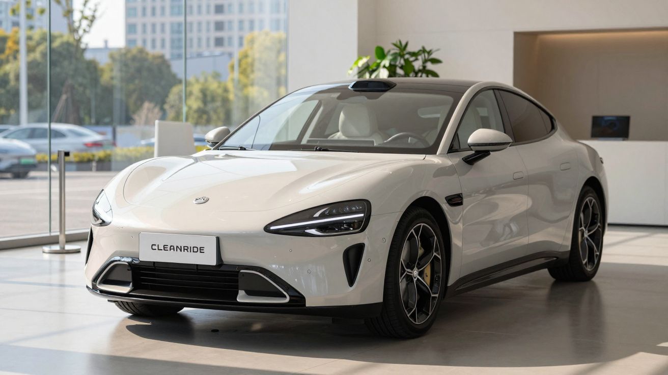 Sleek white electric sedan parked indoors with large windows and modern urban backdrop.