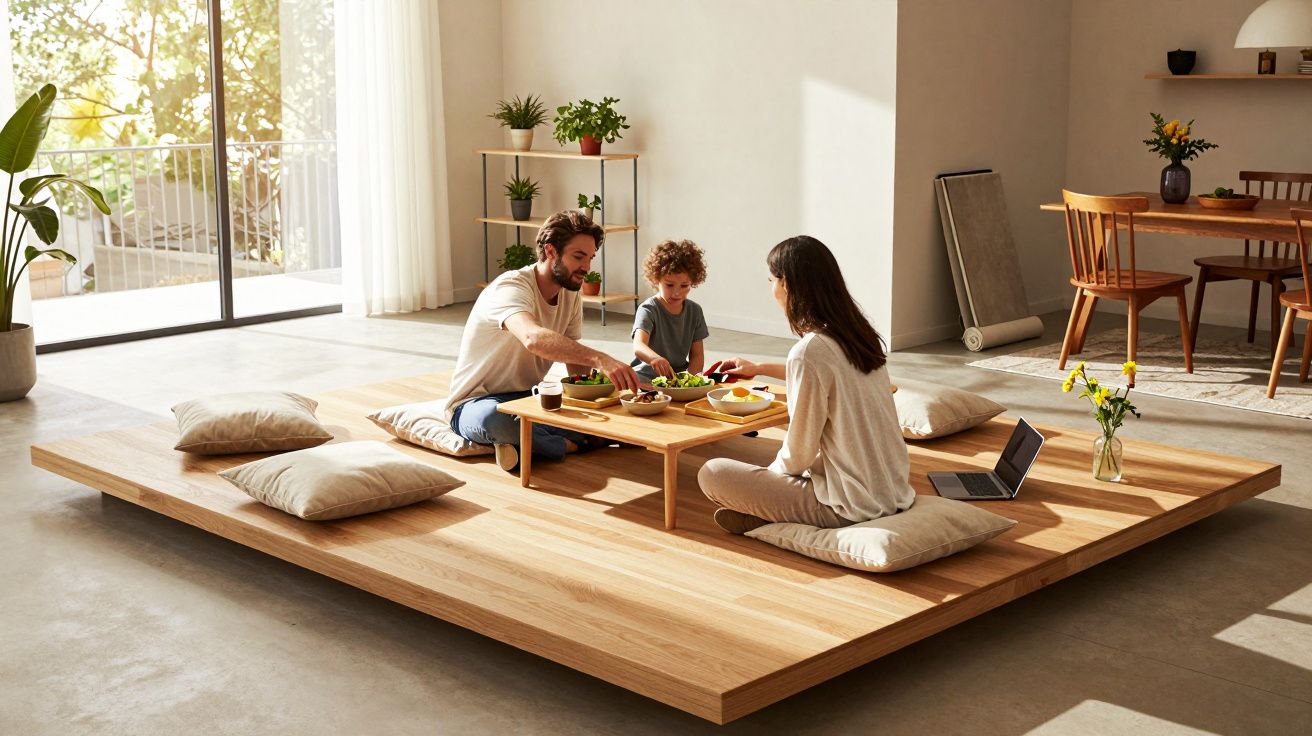 Family of three sitting on cushions around a low wooden table enjoying a meal in a bright modern room.