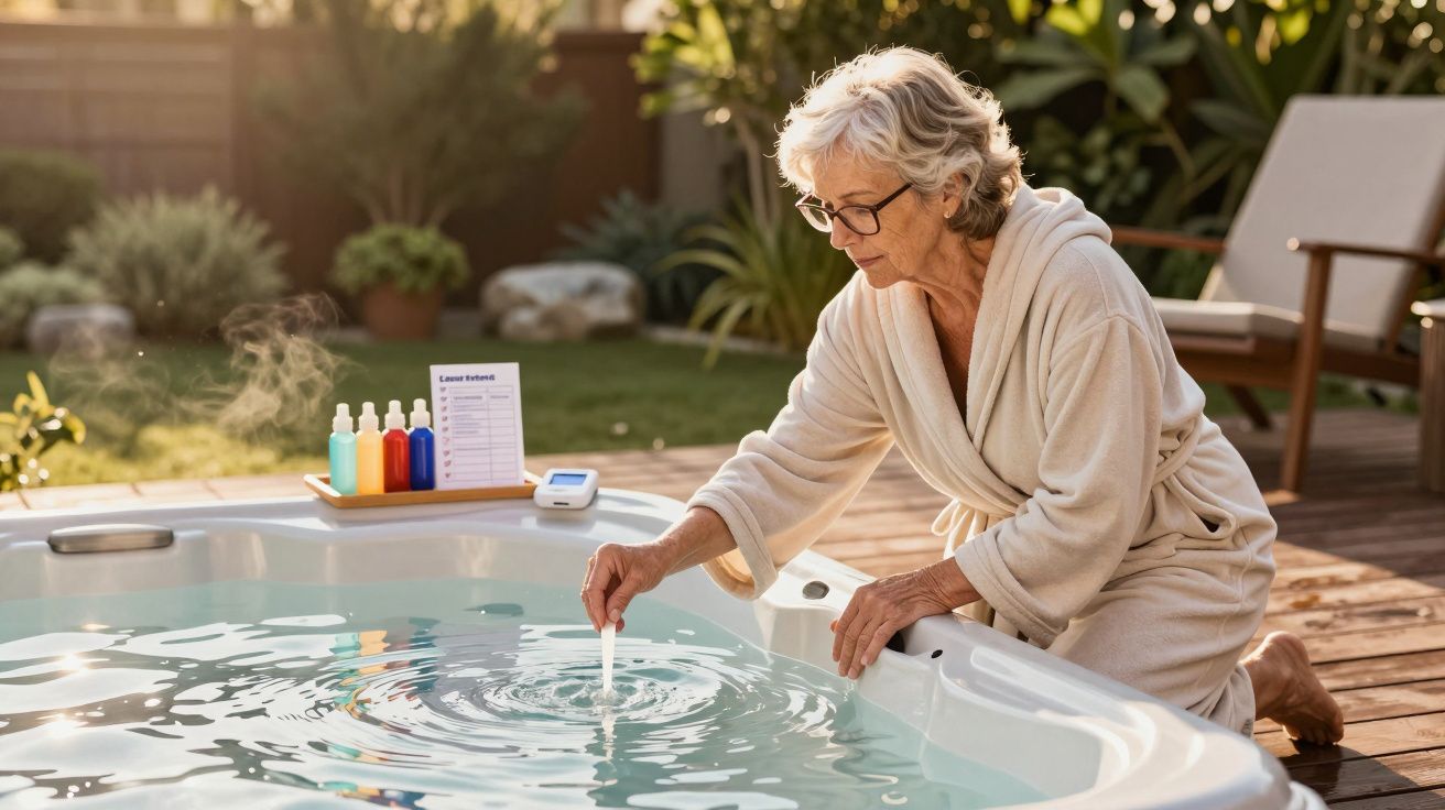 Elderly woman in a robe testing the water quality of a hot tub outdoors on a sunny day.