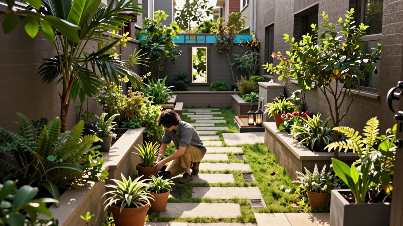 Person tending to potted plants along a sunlit, narrow garden path between buildings with various greenery.
