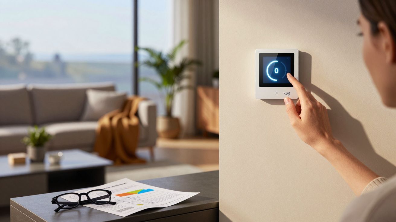 Person adjusting a digital thermostat on a wall in a modern living room with glasses and documents on a table.