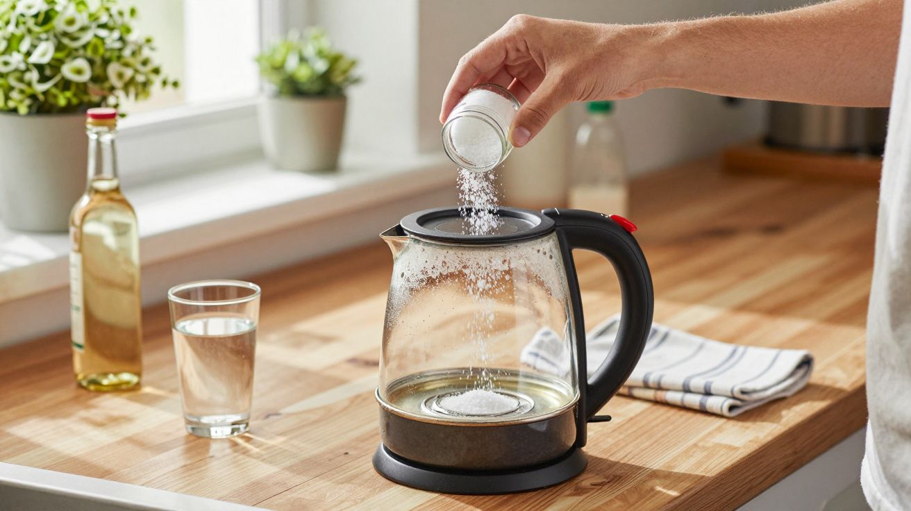 Hand pouring salt into an empty glass kettle on a wooden kitchen countertop with plants in the background.
