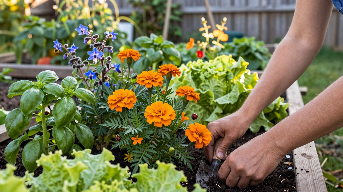Hands gardening with trowel near marigolds, basil, lettuce, and borage flowers in a raised wooden bed.