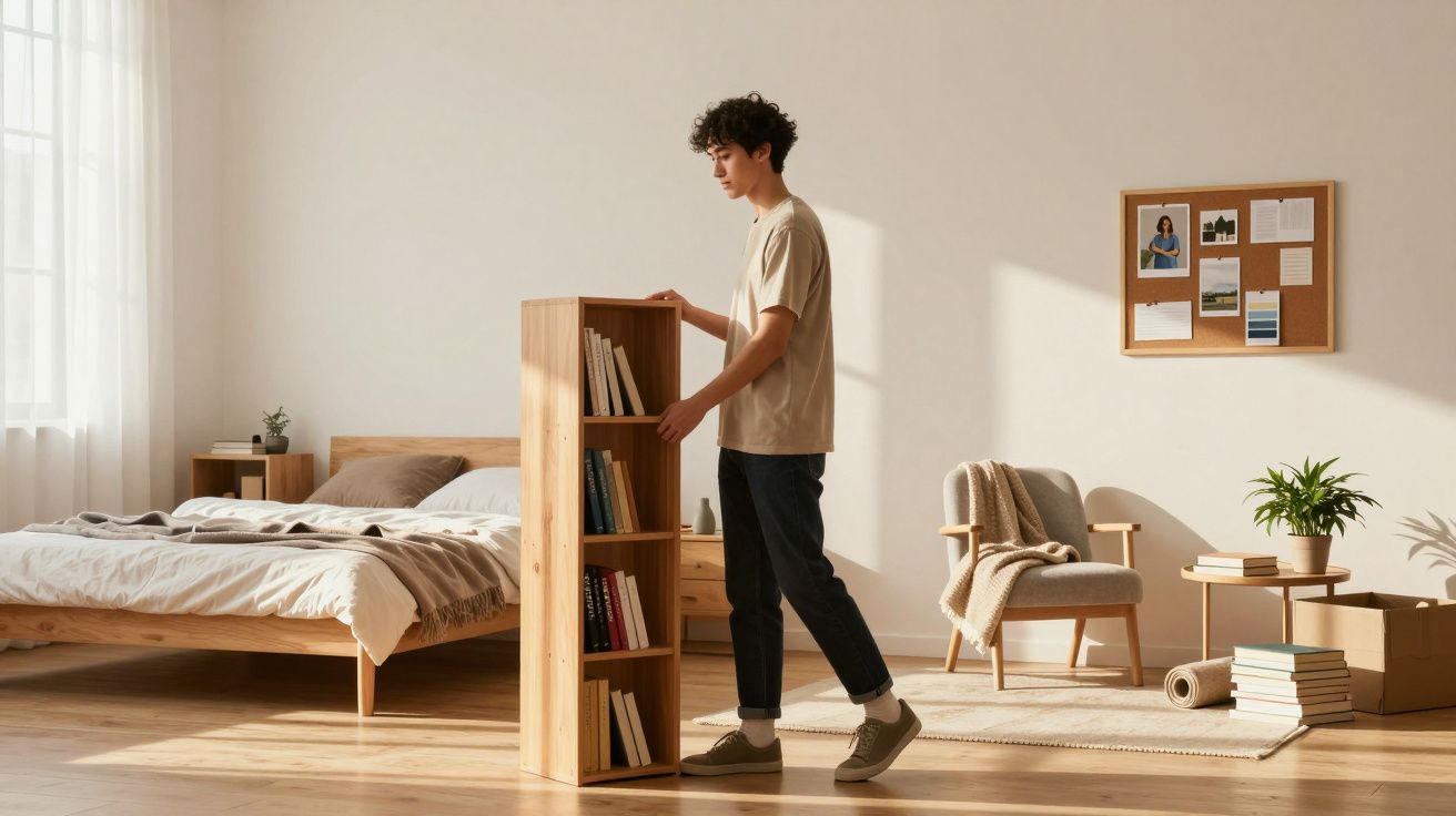 Young man arranging books on a wooden bookshelf in a sunlit, minimalist bedroom.