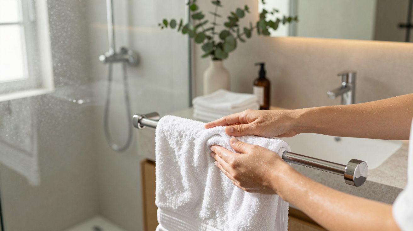 Hands adjusting a white towel on a silver towel rail in a modern bathroom with a sink and plant in the background.