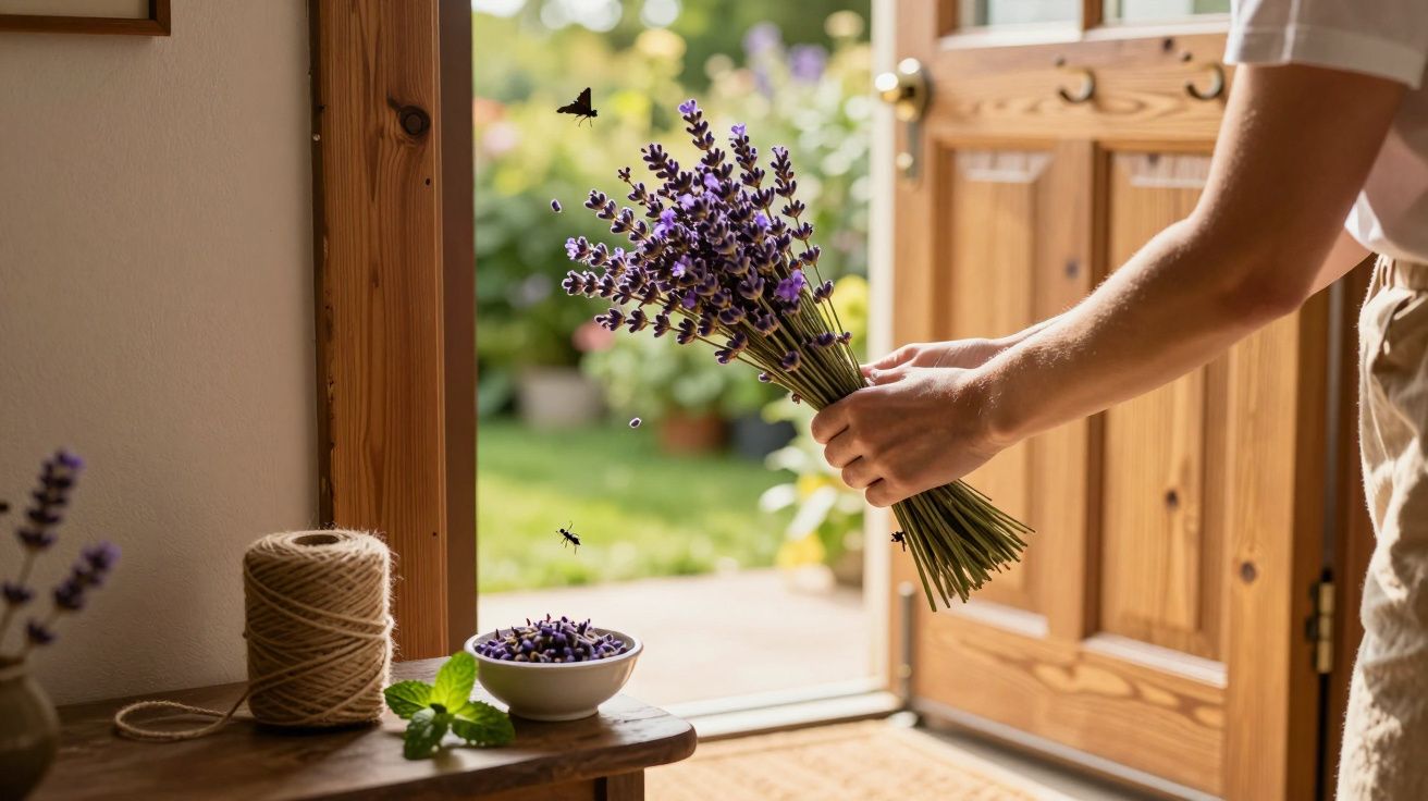 Person holding a bouquet of lavender near an open wooden door with bees and a butterfly flying around.