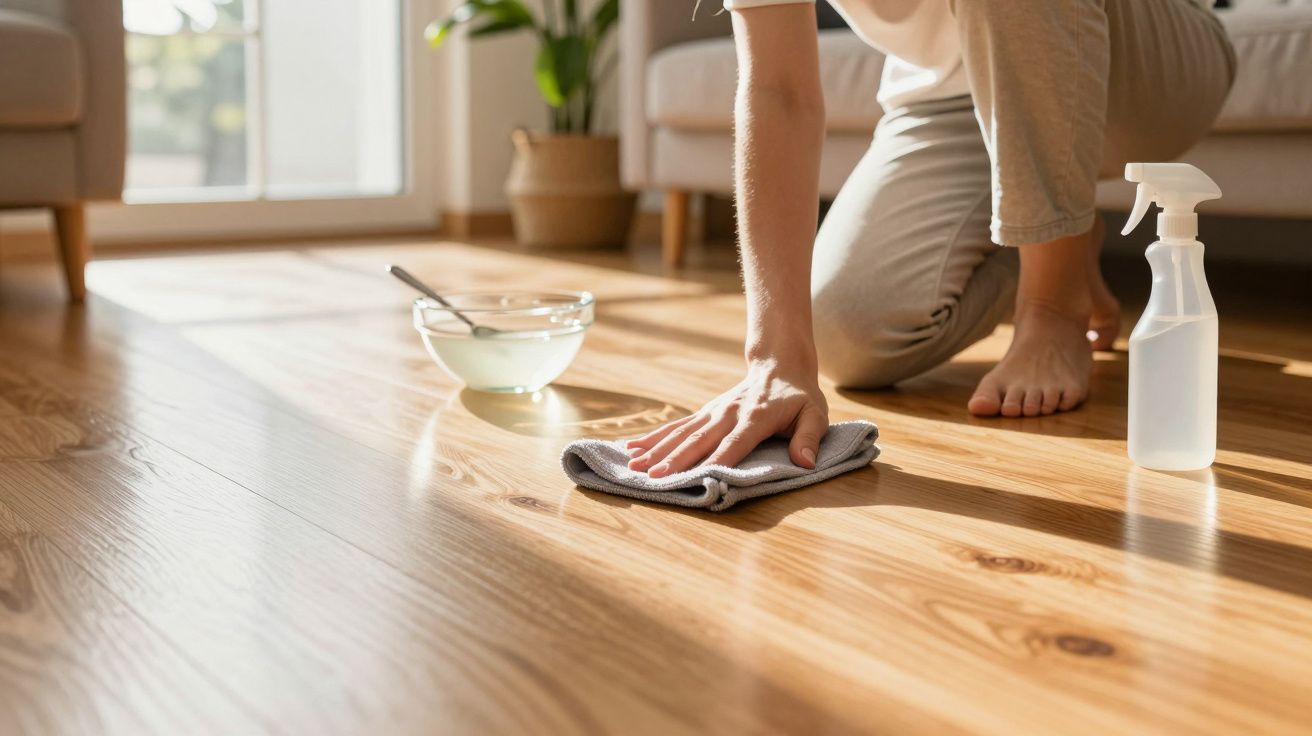 Person kneeling and cleaning wooden floor with cloth, spray bottle, and bowl in bright living room.
