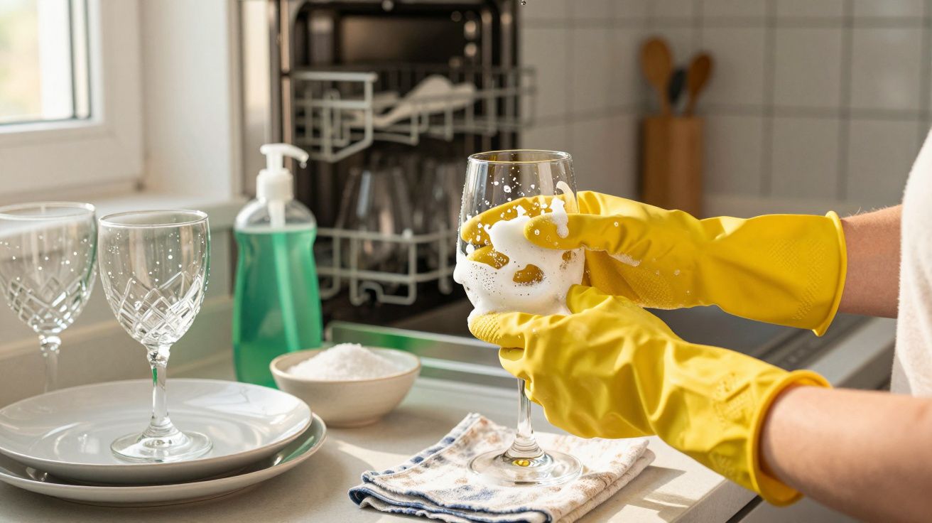 Person wearing yellow gloves washing a wine glass with soap in a kitchen sink area.