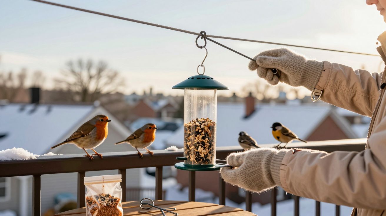 Person in gloves holding a hanging bird feeder with seed, robins and chickadees perched nearby on a snowy balcony.