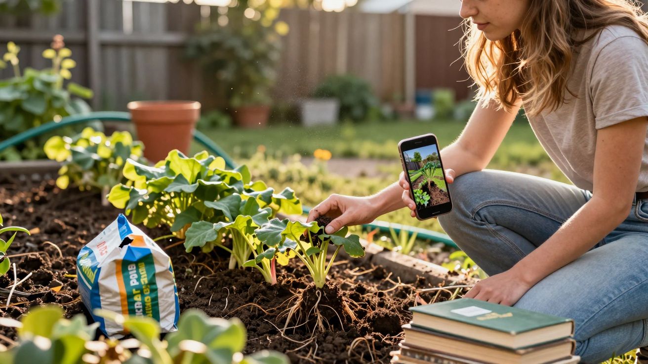 Young woman using smartphone to identify plants in a garden bed, surrounded by books and gardening supplies.