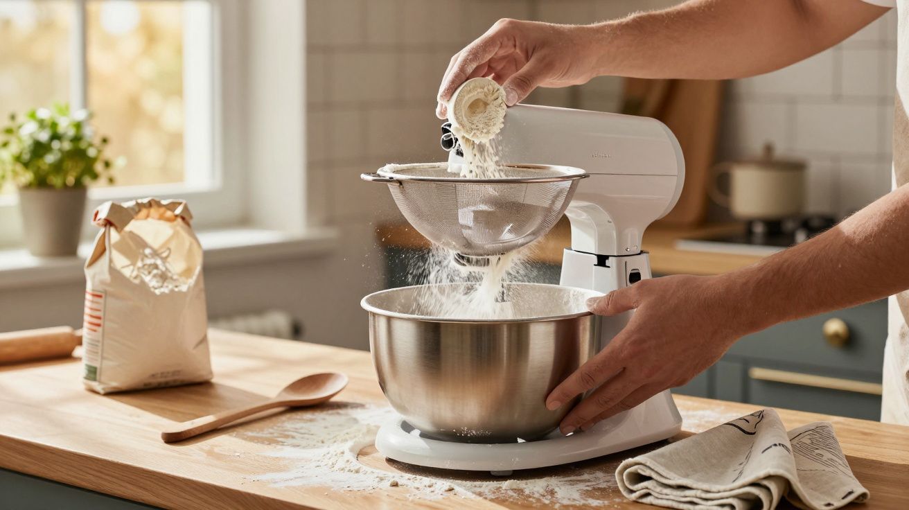 Person sifting flour into a stand mixer bowl on a wooden kitchen counter with baking utensils nearby.