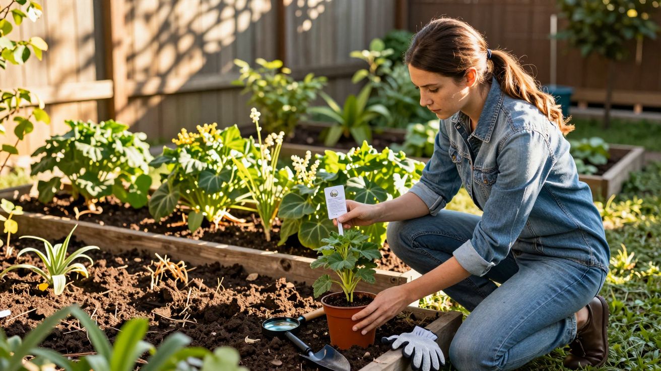 Woman in denim clothes planting a small potted plant in a sunlit garden bed.