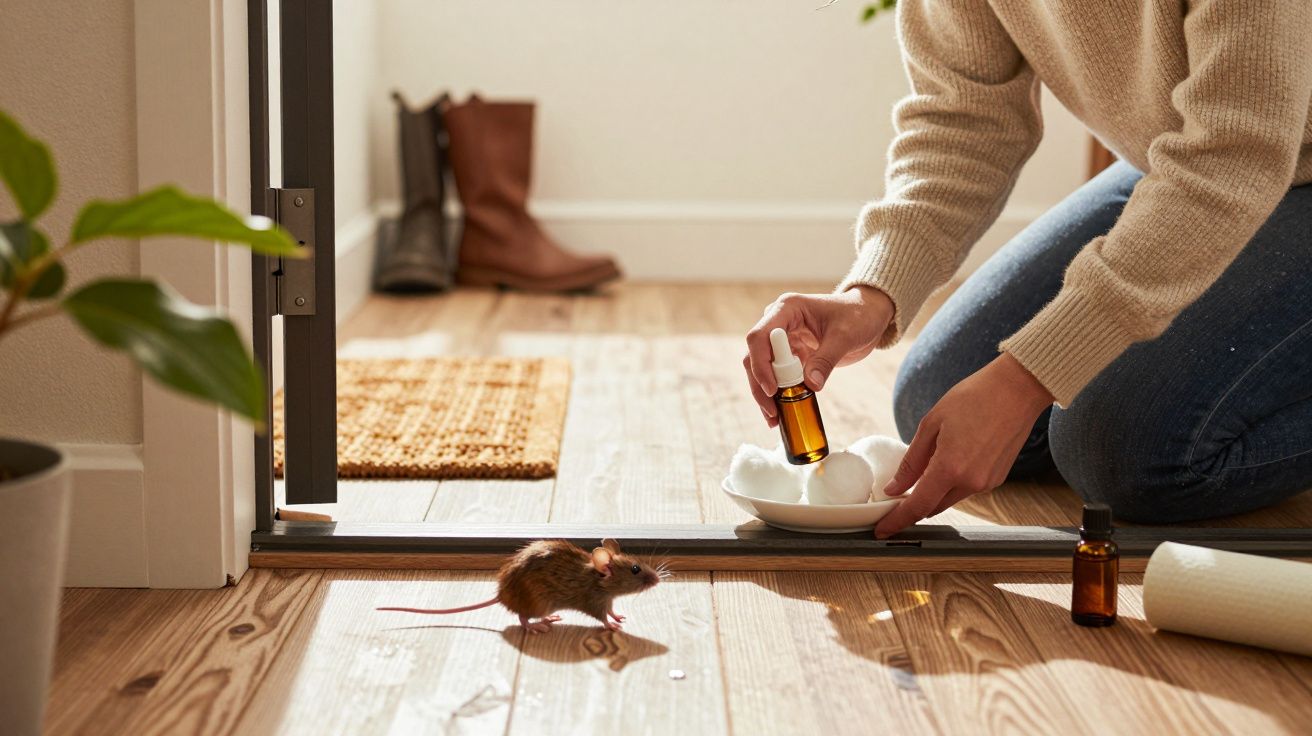 Person preparing natural remedies with cotton balls and essential oil drops near a small brown mouse on wooden floor.