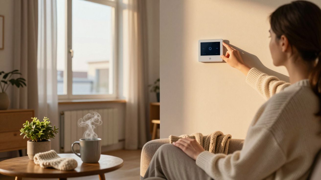Woman adjusting temperature on a smart thermostat in a cosy living room with natural light and steaming hot drink.