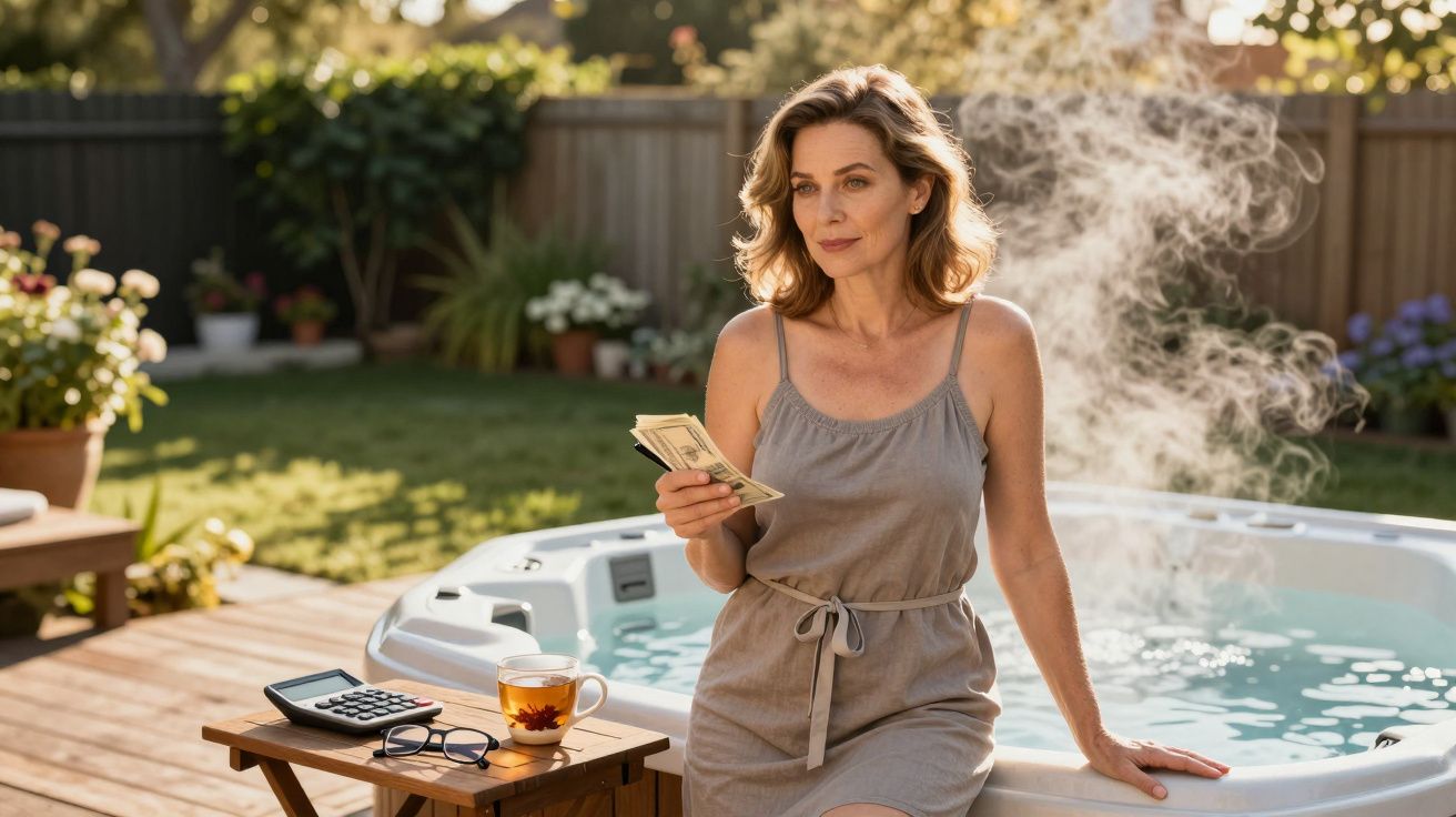 Middle-aged woman in a grey dress holding cash while sitting beside a steaming hot tub in a sunlit garden.