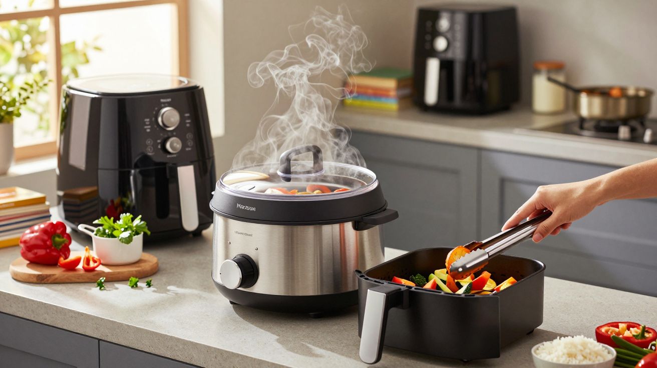 Steaming slow cooker and air fryer on kitchen counter with hand using tongs to cook mixed vegetables.