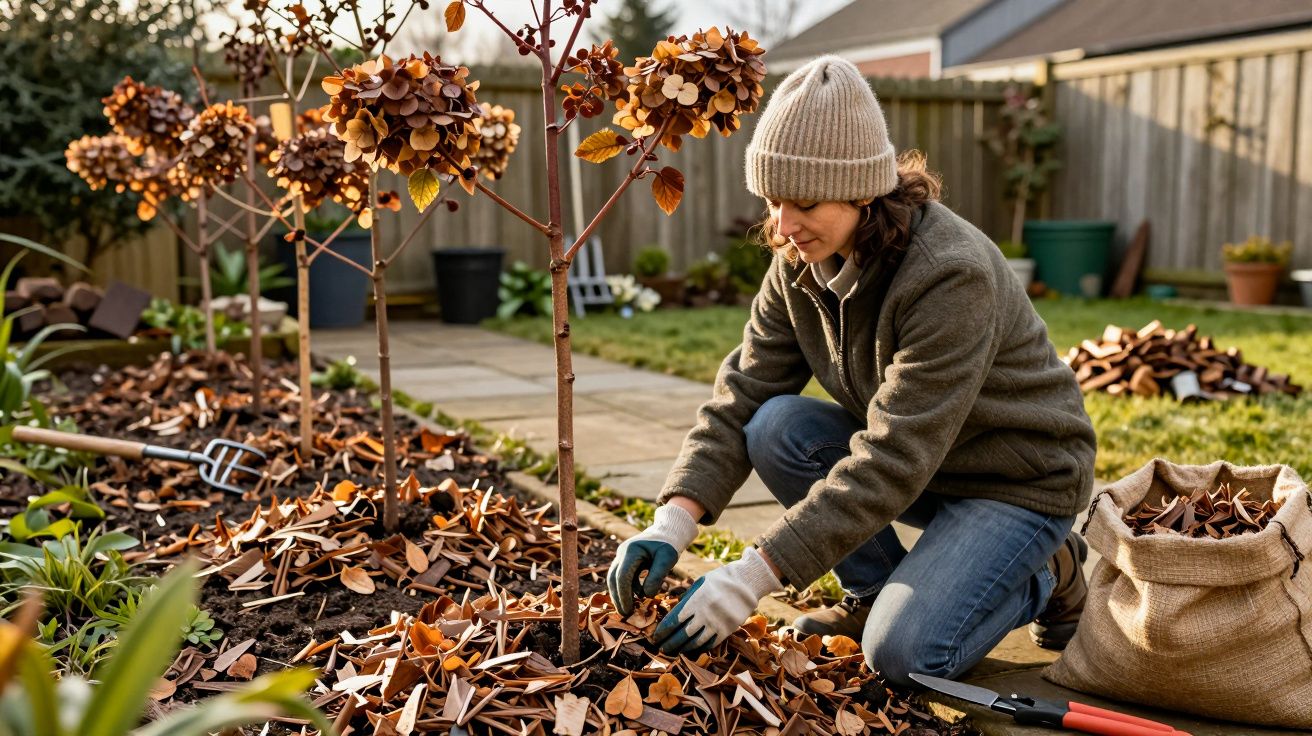Person in warm clothing gardening, spreading dry leaves around small trees in a backyard garden.
