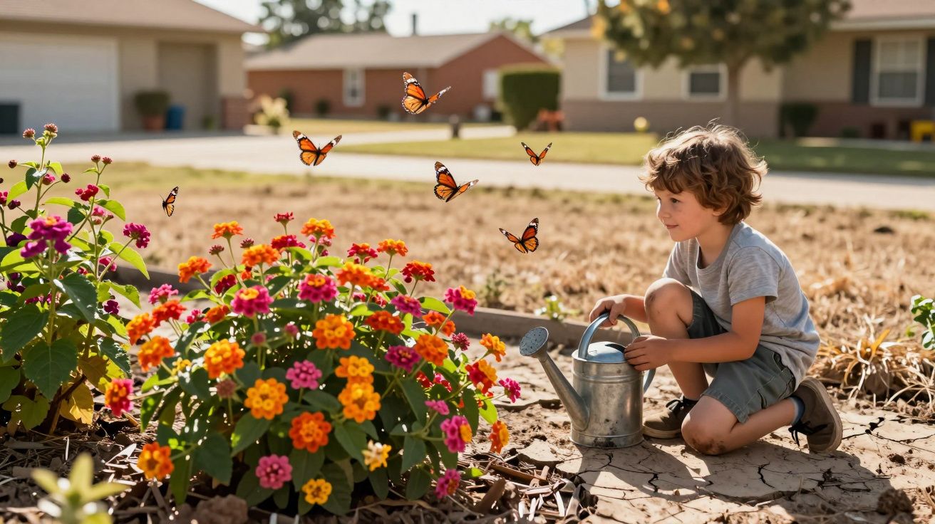 Young boy watering colourful flowers with butterflies fluttering nearby in a sunny suburban garden.