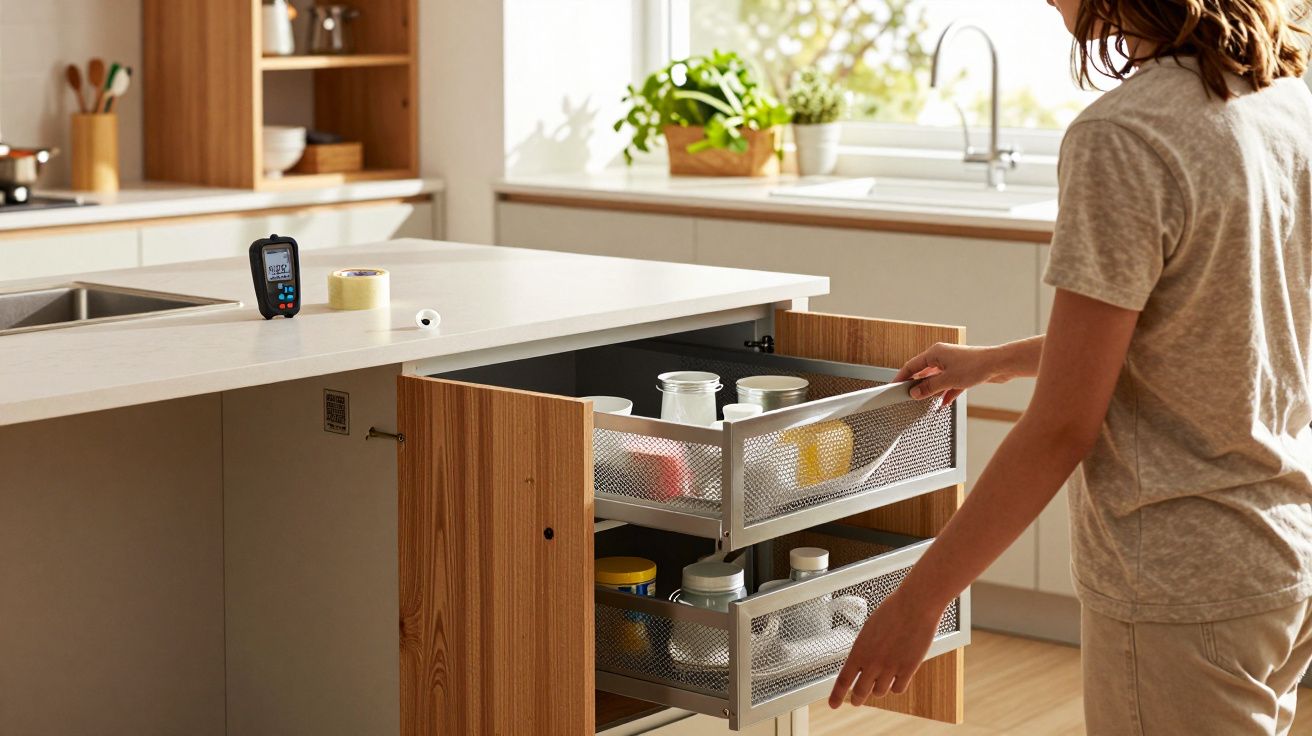 Person opening kitchen cabinet drawers with jars and containers inside in a bright, modern kitchen.