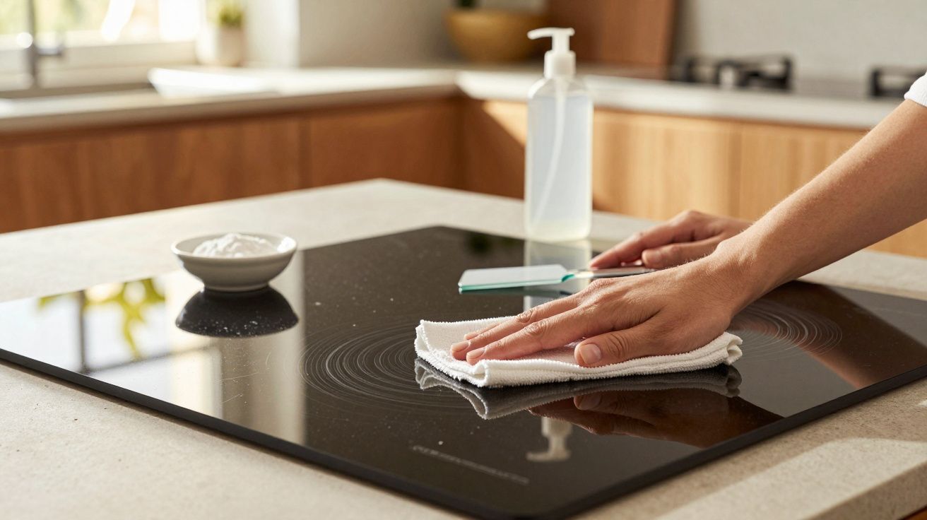 Hand cleaning a black glass stove top with a white cloth on a kitchen countertop with cleaning supplies nearby.