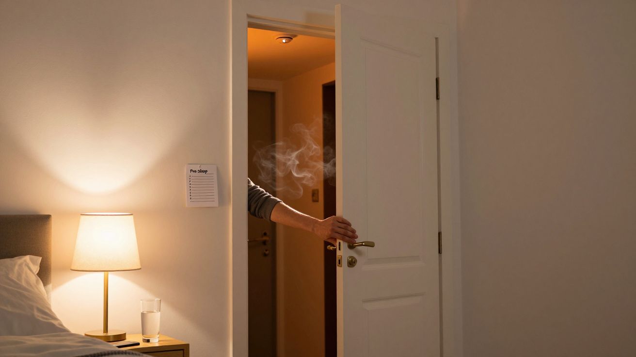 Hand holding open a white door with smoke visible in a dimly lit bedroom with a bedside lamp and glass of water.
