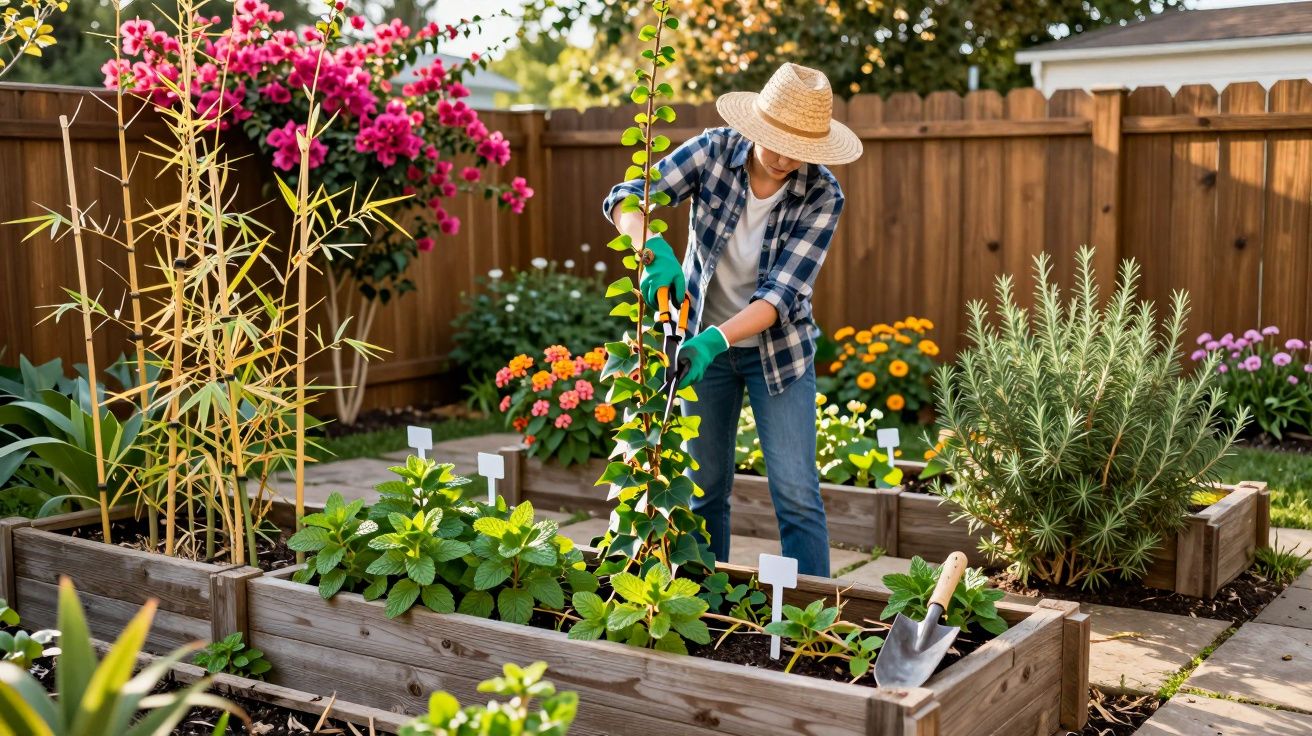 Person in a straw hat and gloves tending to a garden with raised wooden beds and blooming flowers.
