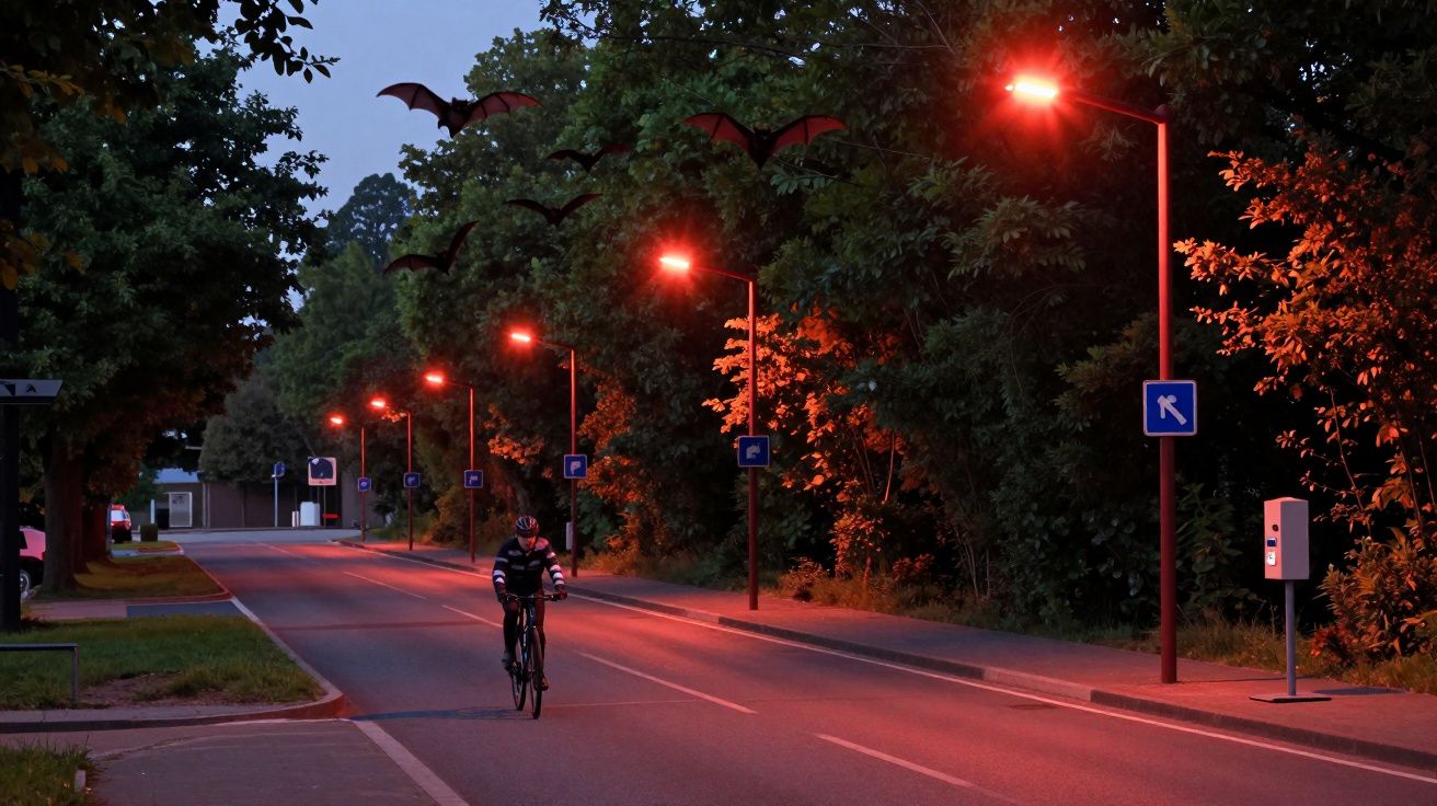 Cyclist rides on a quiet street at dusk with glowing red streetlights and dark trees overhead.