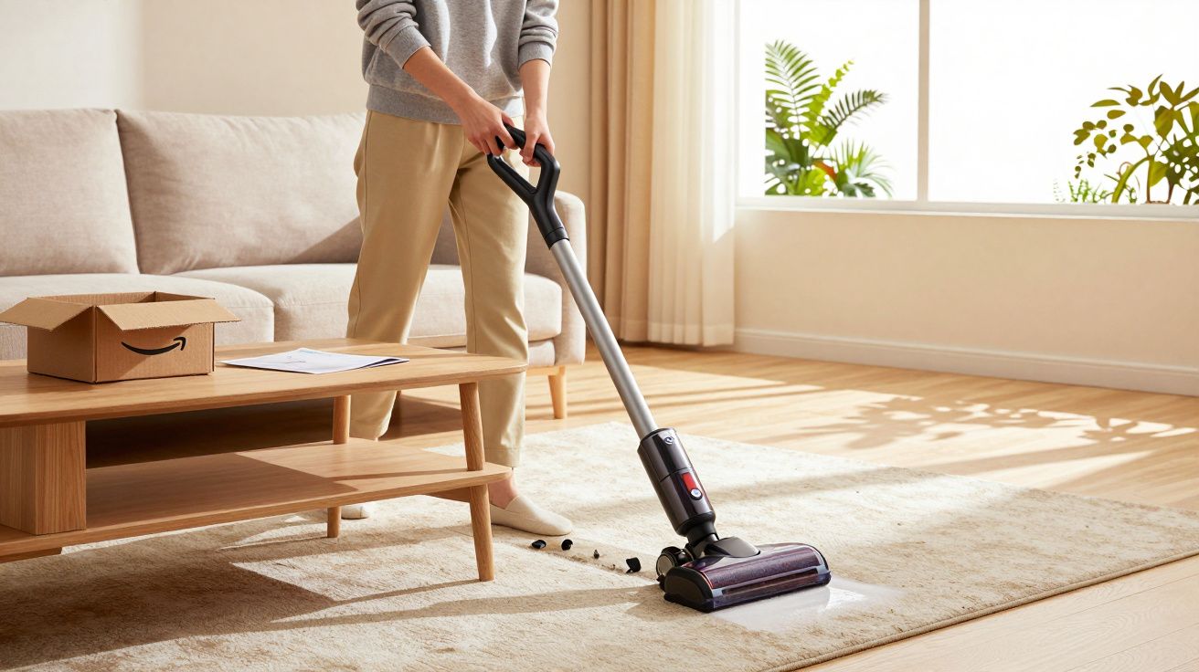 Person vacuuming a beige carpet in a bright, modern living room with a wooden coffee table and sofa.