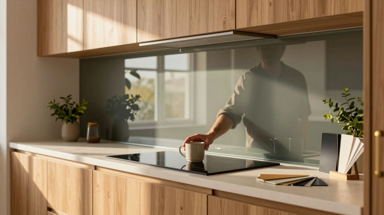 Modern kitchen with wooden cabinets, glass splashback reflecting a person holding a white mug.