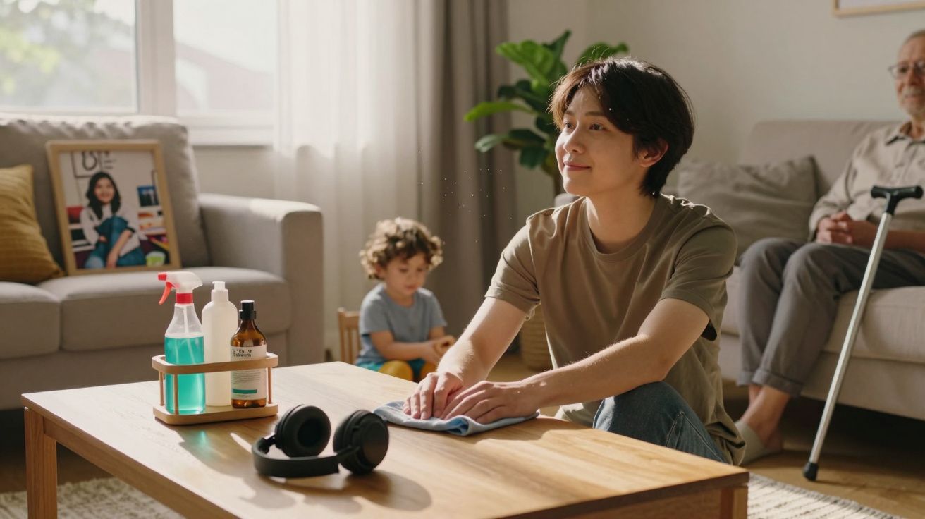 Young man cleaning wooden table in living room with child and elderly man in background sitting on sofas.