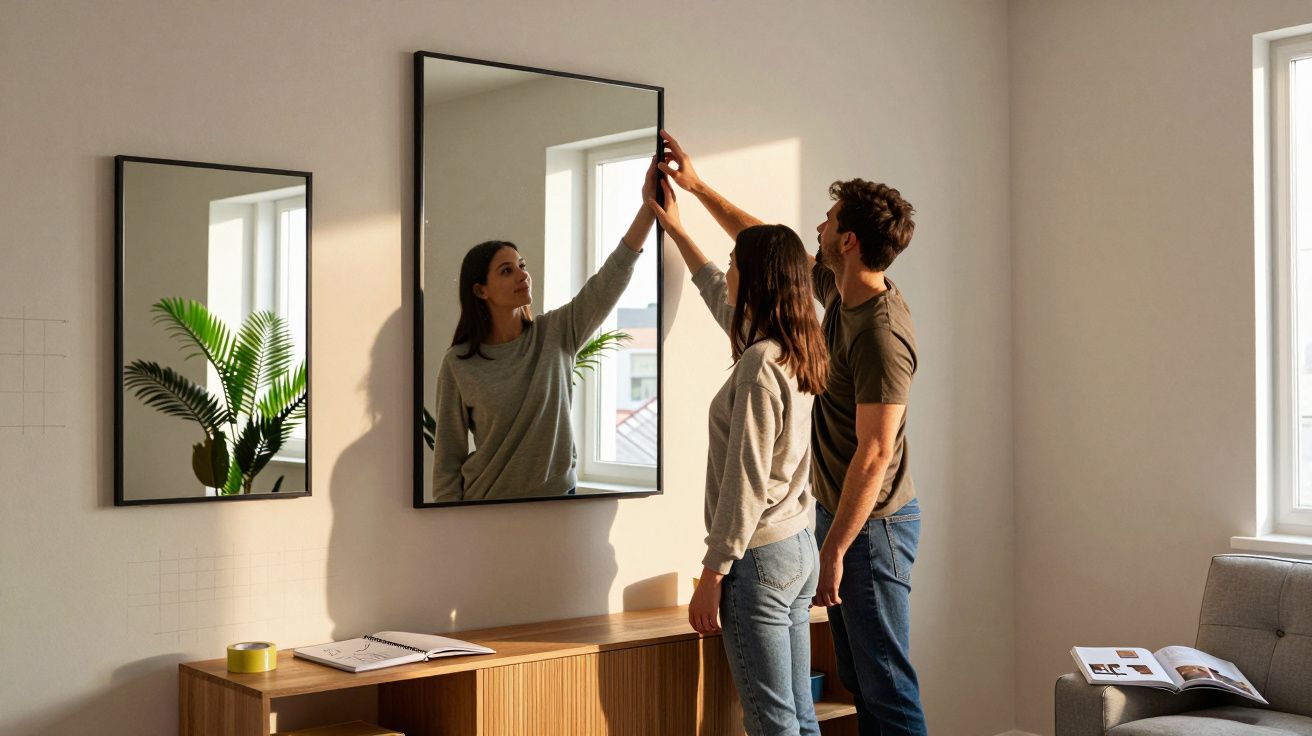 Couple hanging a large rectangular mirror on a cream wall in a sunlit modern living room.