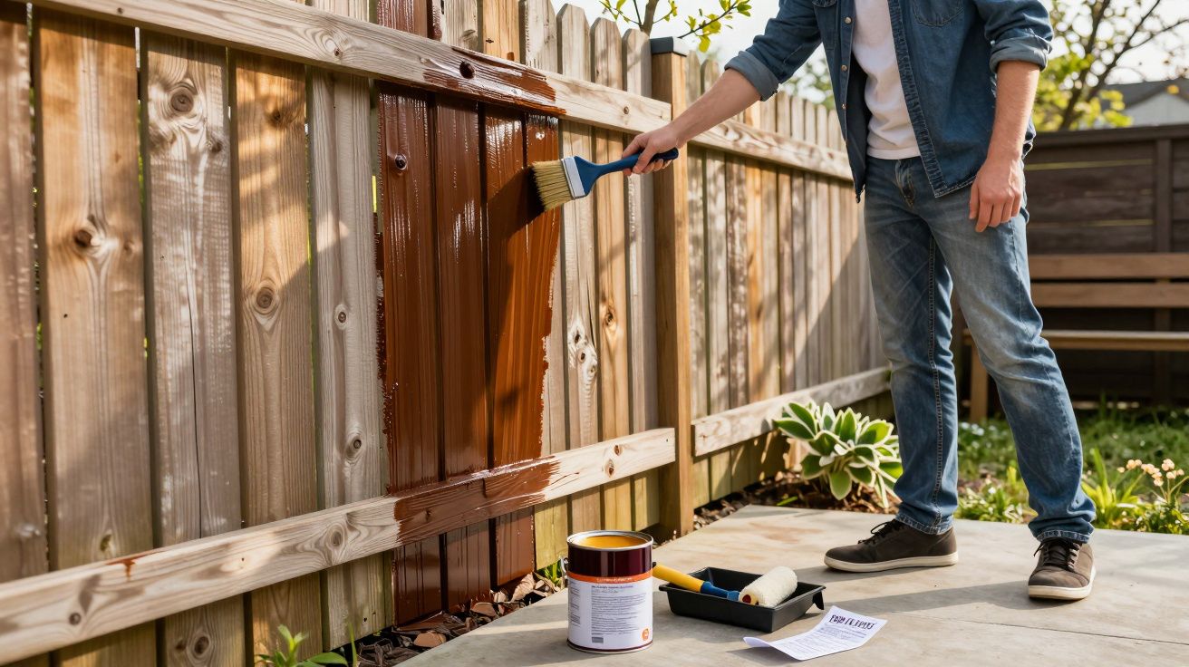 Person painting a wooden fence brown outdoors using a paintbrush on a sunny day.
