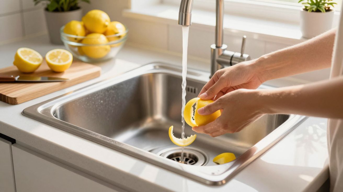 Person peeling and washing a lemon over a kitchen sink with a bowl of lemons in the background